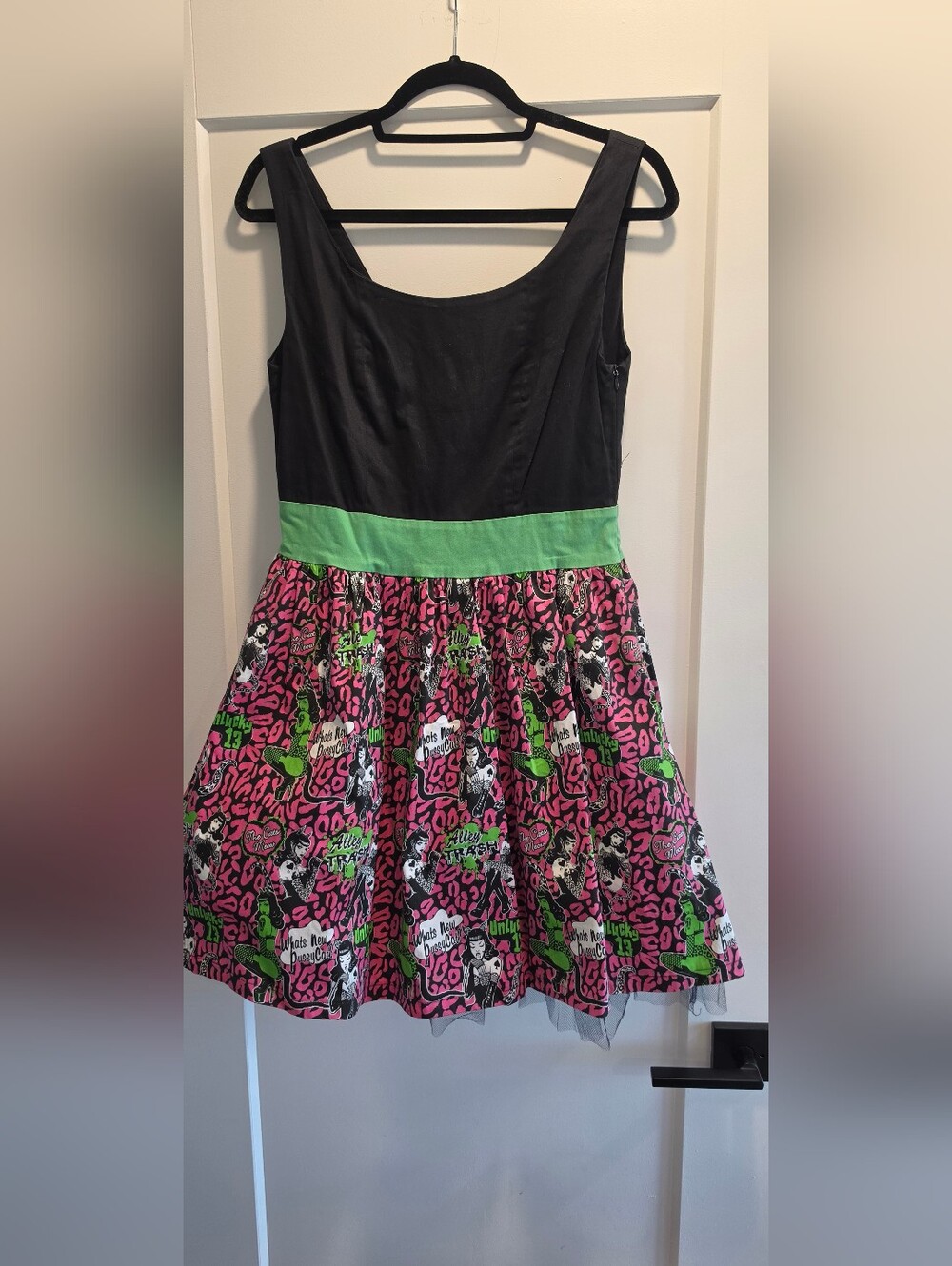 Too Fast Black Fit-and-Flare Dress with Pink Leopard & Green Accents
